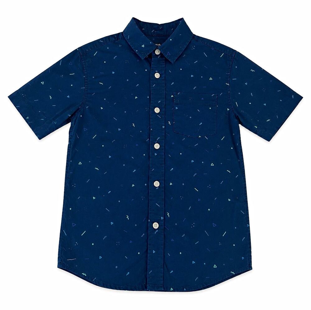 Kids Blue Geometric Short Sleeve Woven Button-Up Shirt Point Collar Regular S